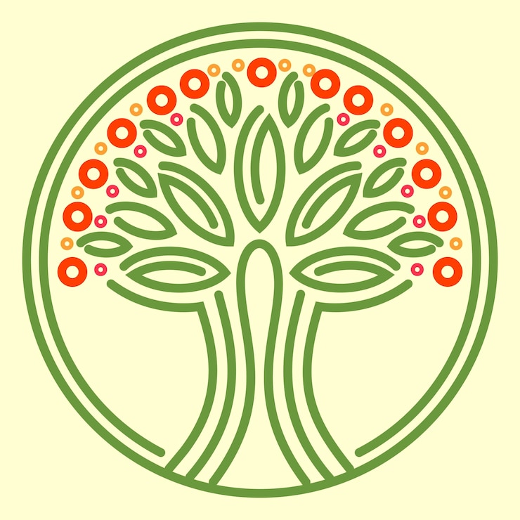 Vetor padrão simétrico com árvore verde e frutas dentro de círculo verde modelo vetorial para design ilustração colorida