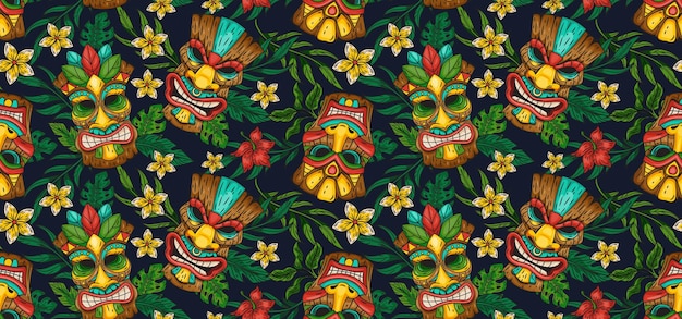 Padrão Tiki havaiano máscara de tótem de aloha tropical sem costura sinal de impressão de flores tropicais vintage palmeira de praia do Havaí vetor desenho de papel de papel de parede de desenho de desenho tribais de verão