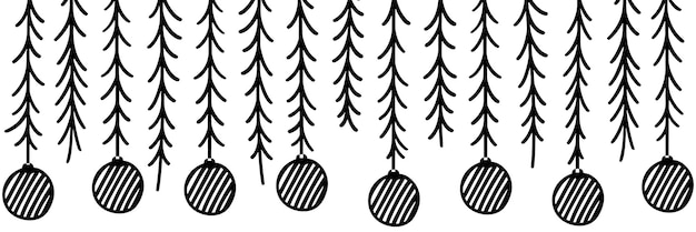Vetor padrão tradicional de férias com brinquedos de árvore de natal e galhos de abeto esboço desenhado à mão