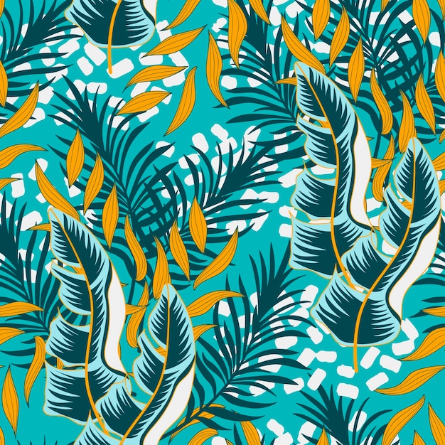 Padrão tropical abstrato sem costura com plantas brilhantes e folhas em um fundo turquesa