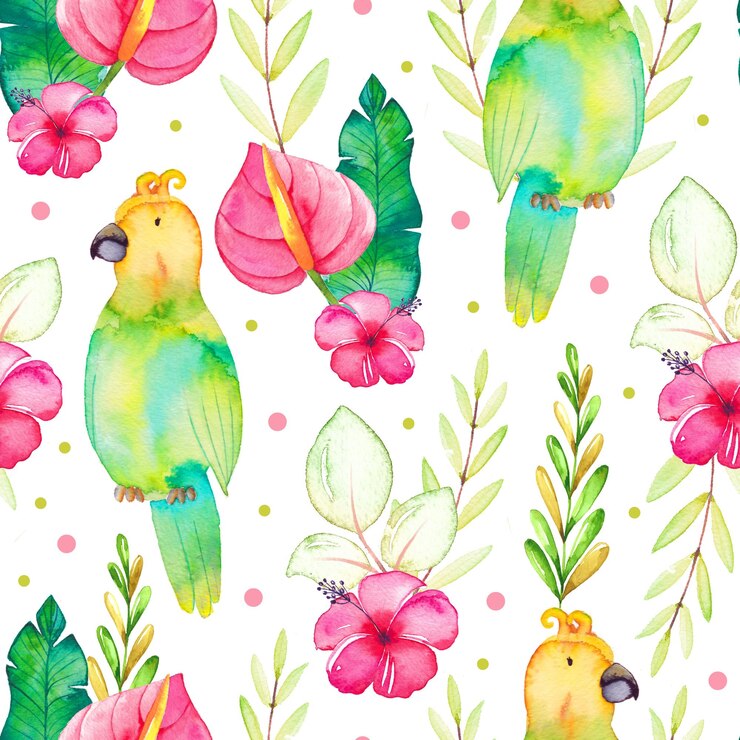 Vetor padrão tropical sem costura com flores e folhas exóticas aquareladas