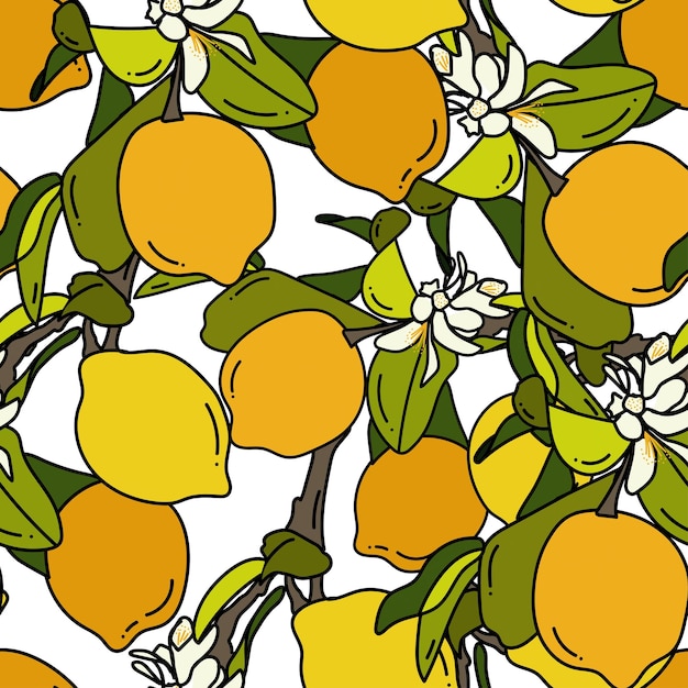 Padrão tropical sem costura com limões amarelos Fundo repetido de frutas Impressão brilhante vetorial para tecido ou papel de parede
