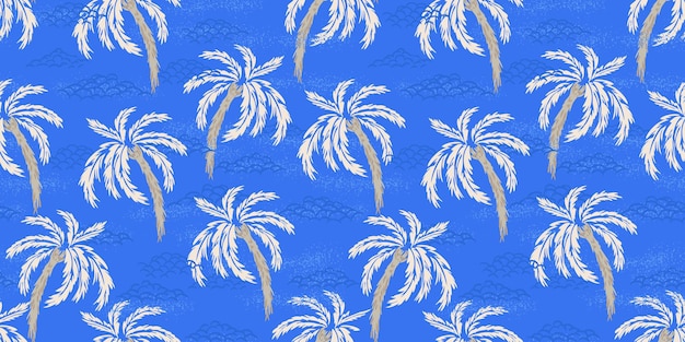 Padrão tropical vetorial sem costura com palmeiras desenhadas à mão ondas do oceano em um fundo azul brilhante