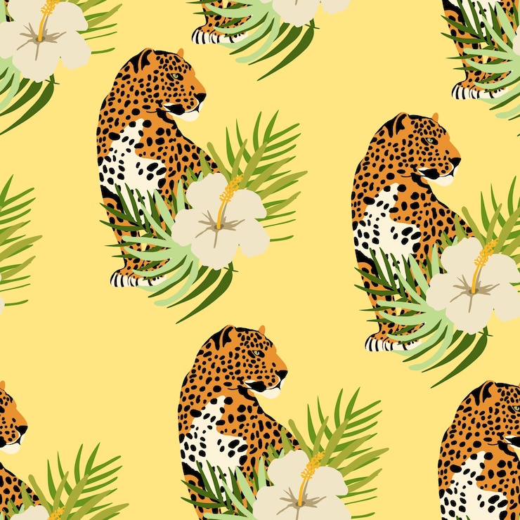 Vetor padrão trópico moderno abstrato com folhas de palmeira leopardo e flores tropicais