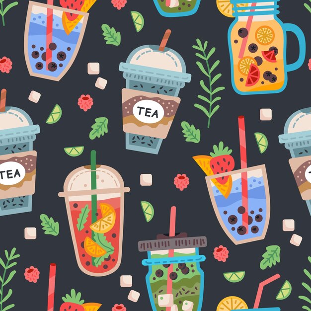 Padrão uniforme com deliciosas bebidas veganas, sucos saborosos ou smoothies feitos de frutas vermelhas