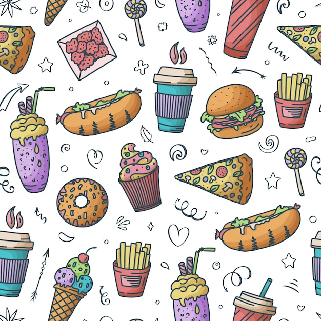 Padrão uniforme. ilustração vintage com elementos de doodle de fast food