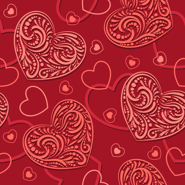 Padrão vermelho perfeito com grandes silhuetas de corações rendados e contornos de pequenos corações decoração para o dia dos namorados