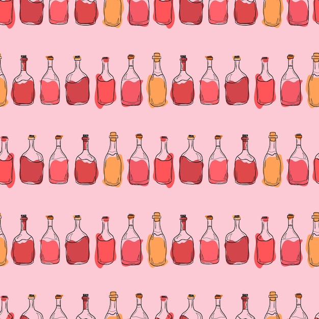 Padrão vetorial com garrafas de vinho tinto e branco em um fundo rosa no estilo doodle