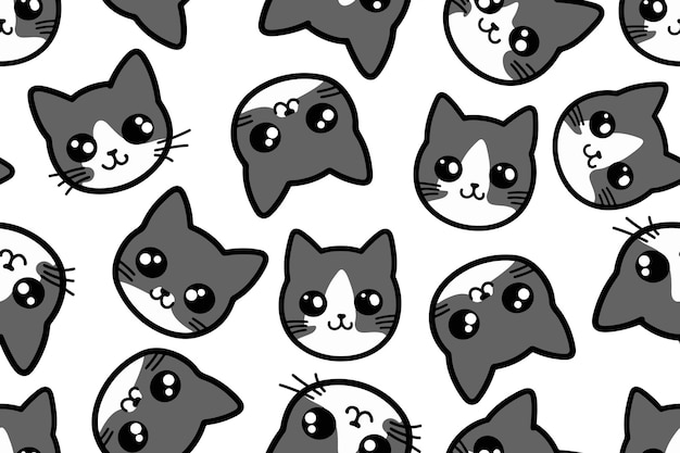 Padrão vetorial de gato com rostos de gato ilustração de impressão perfeita para crianças