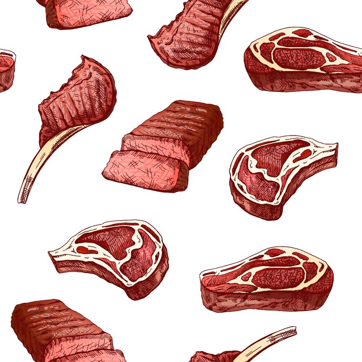 Vetor padrão vetorial desenhado à mão de bife grelhado, pedaço de carne, ilustração de doodle vintage