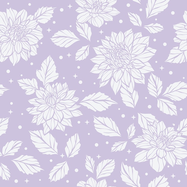Vetor padrão vetorial floral detalhado em púrpura pastel com pontos estrelas e dahlia ilustrações mágicas