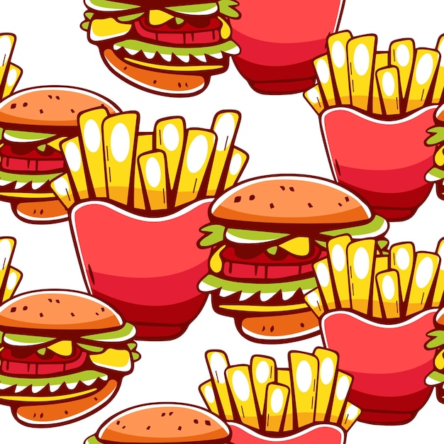 Padrão vetorial, hambúrgueres, batatas fritas e bebidas, estilo cartoon