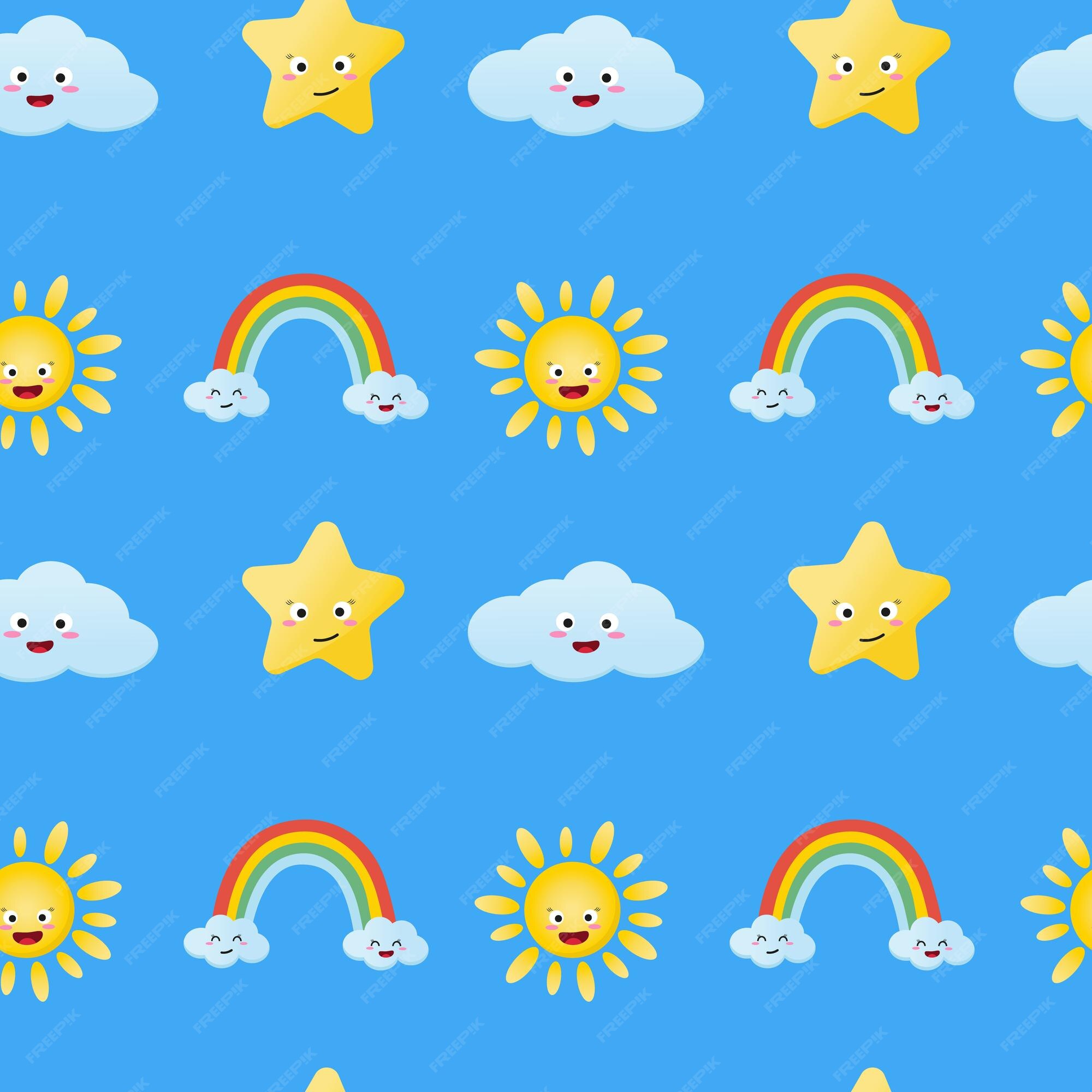 padrão perfeito com sol kawaii, arco-íris e nuvem sobre fundo azul