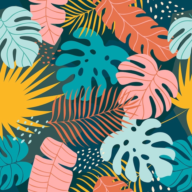 Padrão vetorial perfeito com colagem de folhas tropicais desenhadas à mão padrão de selva contemporâneo
