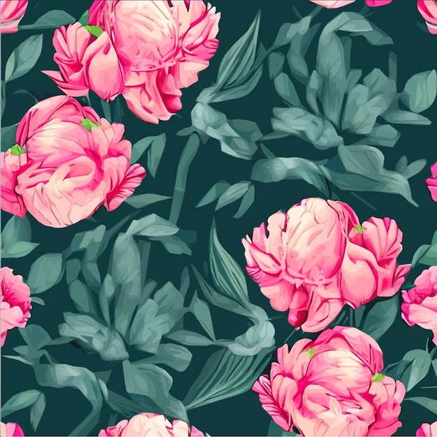 Padrão vetorial perfeito com peônias rosa e folhas sobre fundo verde