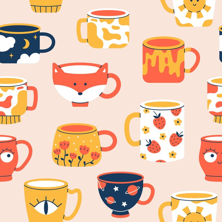 Vetor padrão vetorial perfeito de diferentes xícaras de chá ou café fundo moderno com canecas de cerâmica com vários ornamentos padrão com xícaras de bebidas modernas