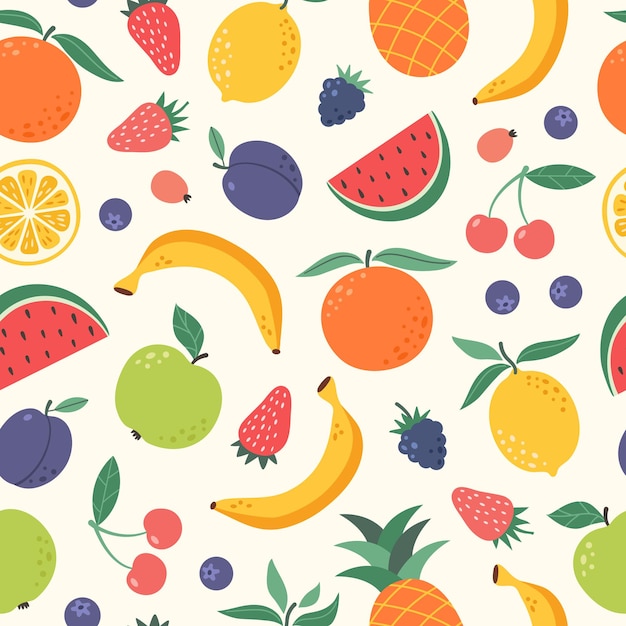 Padrão vetorial perfeito de frutas e bagas coloridas impressão de verão com frutas desenhadas à mão