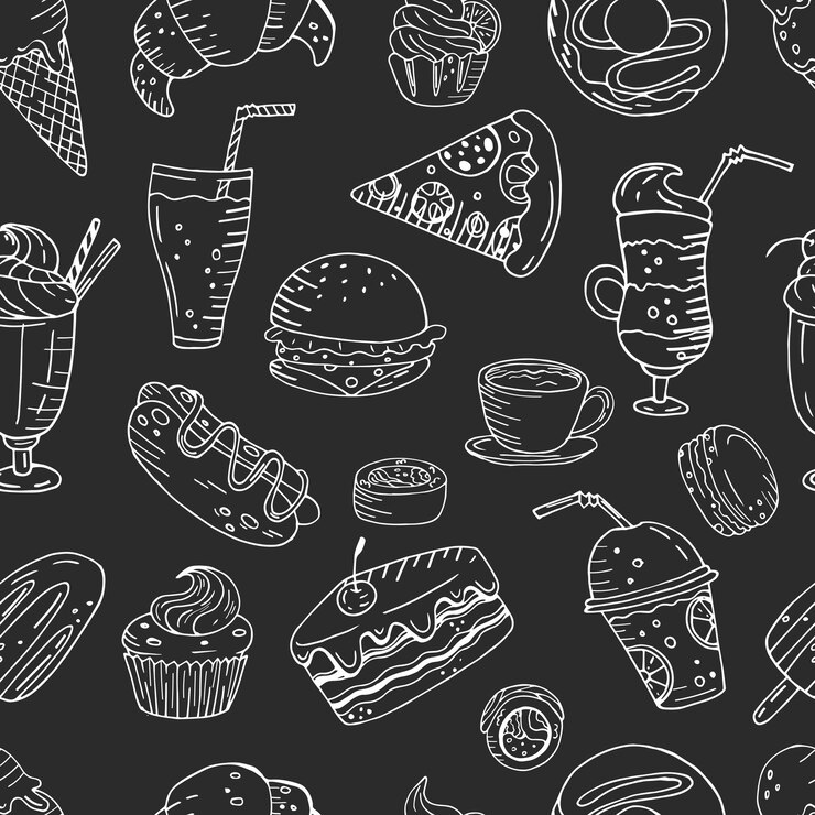 Vetor padrão vetorial preto e branco sem costura com elementos desenhados à mão de alimentos e bebidas