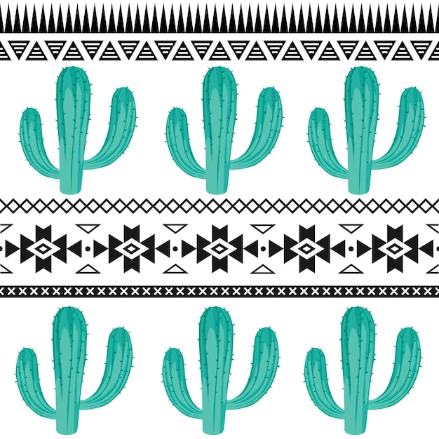 Vetor padrão vetorial sem costura com cacto mexicano desenhado à mão e ornamento tribal
