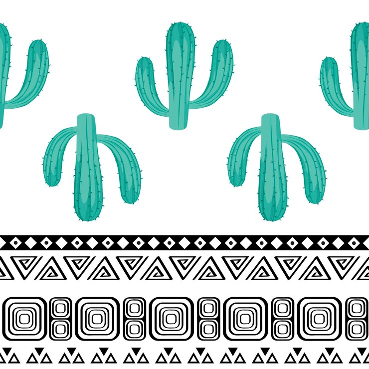 Vetor padrão vetorial sem costura com cacto mexicano desenhado à mão e ornamento tribal