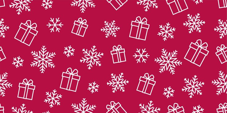 Vetor padrão vetorial sem costura com caixas de presente e ilustração de linha única de flocos de neve em pano de fundo vermelho