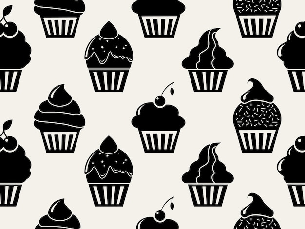 Vetor padrão vetorial sem costura com cupcakes fundo preto e branco com silhuetas de cupcake ordenadas