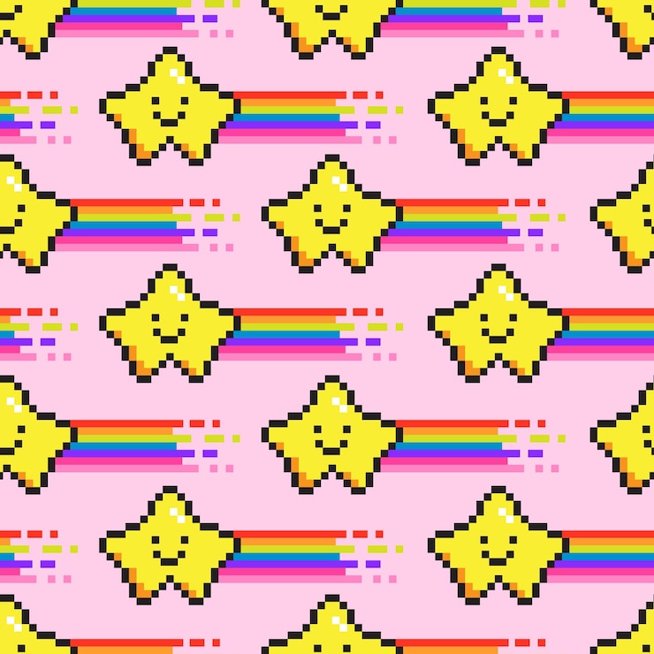 Vetor padrão vetorial sem costura com estrela voadora de pixel art fofa com fundo de arco-íris com elemento geek