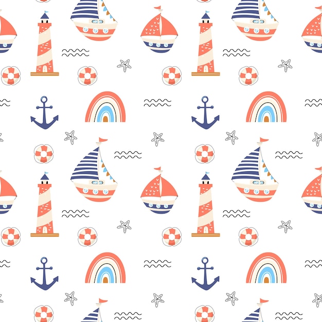 Padrão vetorial sem costura com faróis de iates à vela desenhados à mão e âncoras fundo brilhante de verão para design de tecido para crianças