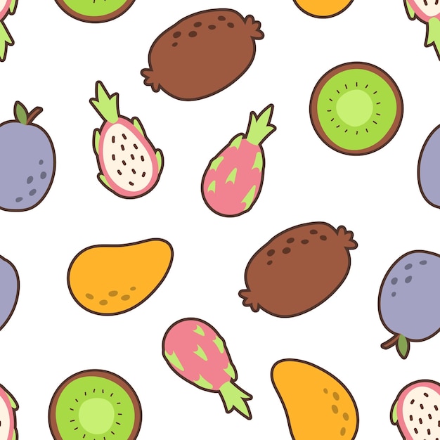 Padrão vetorial sem costura com frutas abstrato repetindo fundo plum manga kiwi pitaya