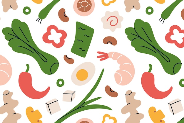 Padrão vetorial sem costura com ingredientes de ramen em estilo de desenho animado plano elementos de culinária asiática como