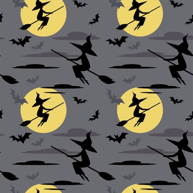 Vetor padrão vetorial sem costura com papel de parede de halloween de bruxas e morcegos voadores