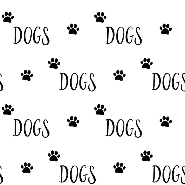 Padrão vetorial sem costura com patas desenhadas à mão e cães de texto no estilo doodle isolado em fundo branco