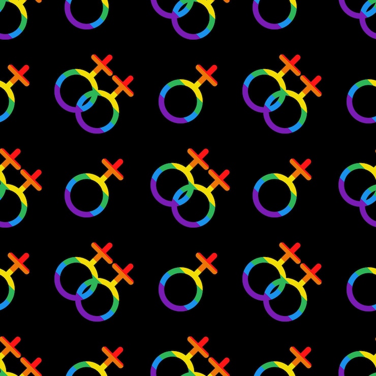 Vetor padrão vetorial sem costura com símbolos femininos lgbt sinais de vênus em cores do arco-íris padrão lgbtq do mês do orgulho