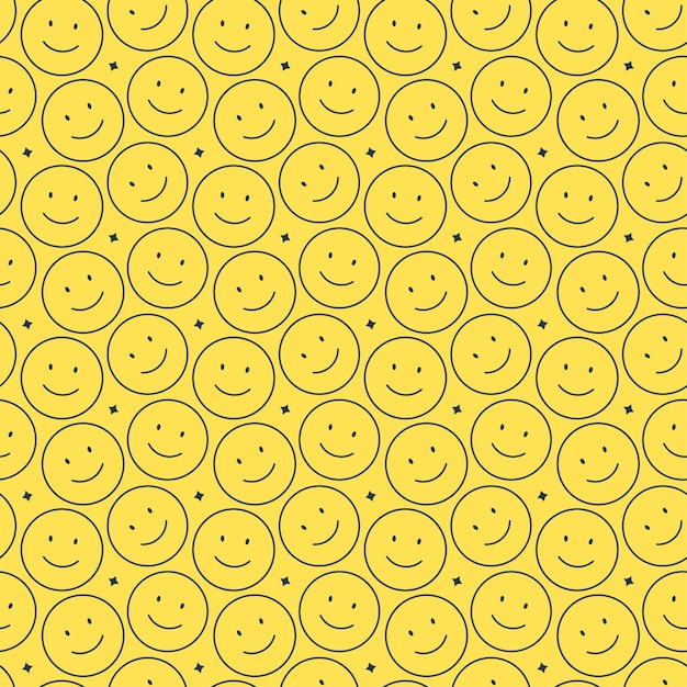 Vetor padrão vetorial sem costura com sorrisos fofos em fundo amarelo padrão de emoticons sorridentes