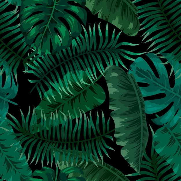 Padrão vetorial sem costura em estilo tropical folhas tropicais verdes papel de parede exótico com floresta tropical