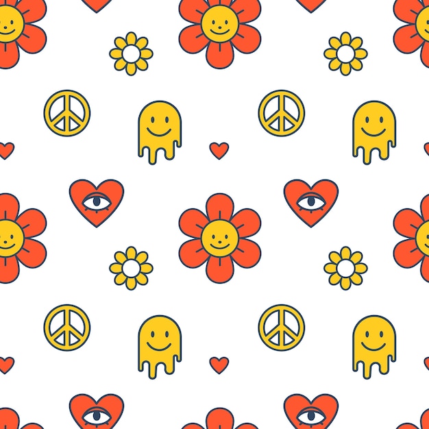 Padrão vetorial sem costura padrão de verão em cores amarelas e vermelhas impressão retrô flores e emoji corações e sinal de paz