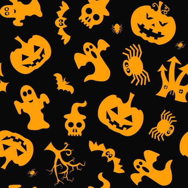 Padrão vetorial sem costura para design de halloween símbolos de halloween abóbora de morcego fantasma no estilo de desenho animado