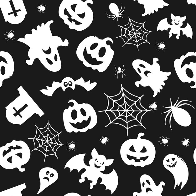 Padrão vetorial sem costura para design de halloween símbolos de halloween abóbora de morcego fantasma no estilo de desenho animado