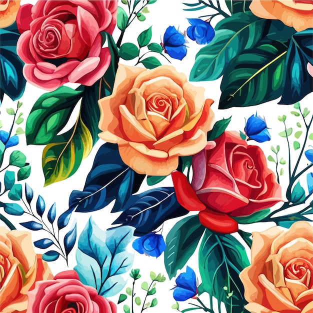 Vetor padrão vintage com rosas folhas ramos aquarela padrão sem costura linda ilustração vetorial em