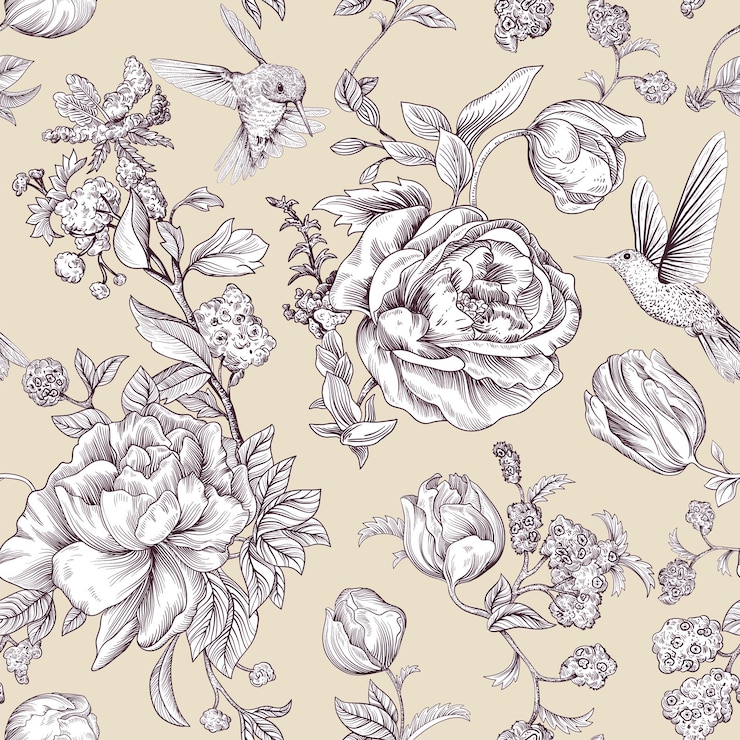 Vetor padrão vintage vetorial com rosas e peônias fundo monocromático de papel de parede floral retrô