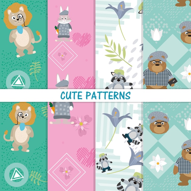 Padrões de animais fofos vector design gráfico ilustração