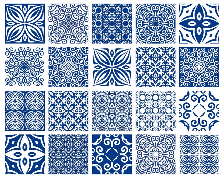 Vetor padrões de azulejos vetoriais fundos florecentes sem costura com elementos florecentes azuis design decorativo árabe para chão ou parede ornamento simétrico quadrado azulejos ilustração oriental