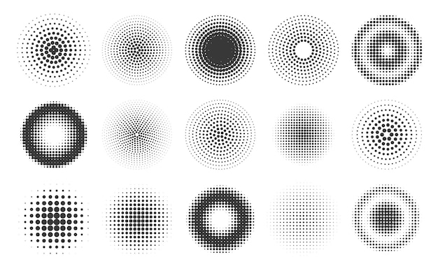 Padrões de círculo de pontos de meio-tom abstratos e quadros redondos conjunto de vetores de efeito de textura de gradiente em quadrinhos