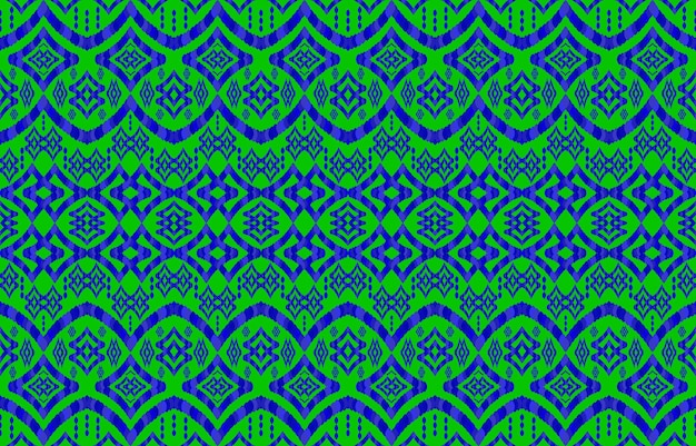 Padrões de ikat verde azul. estilo retrô vintage tribal geométrico. padrão sem emenda de ikat de tecido étnico.