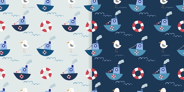 Padrões náuticos sem costura definidos com barcos bonitos, gaivota e boia salva-vidas, estilo doodle, summ decorativo