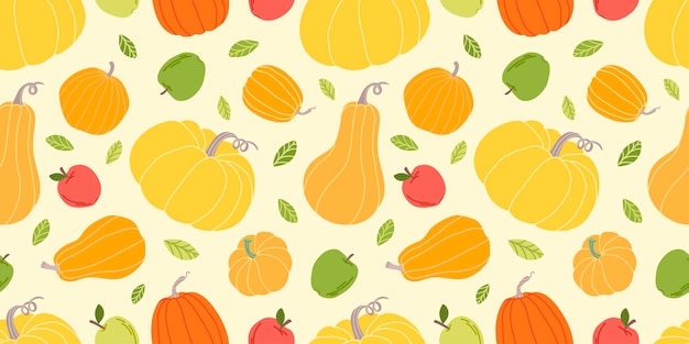 Padrões sem costura de outono padrão com maçãs e abóboras padrão sem emenda de colheita colorida