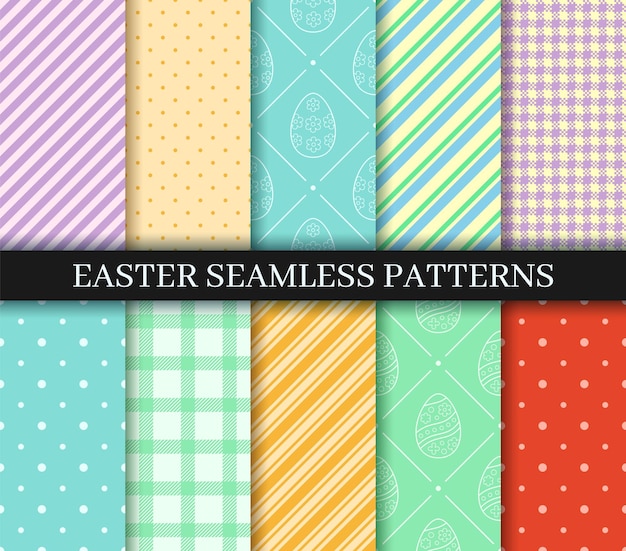 Vetor padrões sem costura de páscoa conjunto de ovos gingham polka dot e coleção de designs de padrão listrado