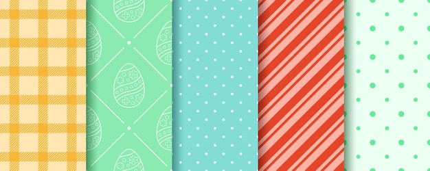 Padrões sem costura de Páscoa definidos em cores pastel Ovos Gingham Polka Dot Striped pattern collection