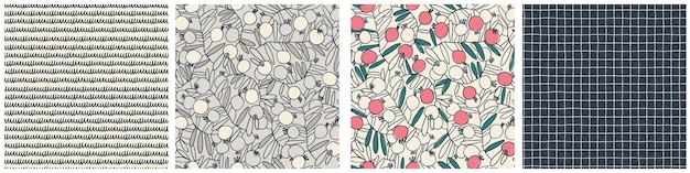 Vetor padrões sem costuras definidos ramos de romã com frutas ilustração vetorial delineada em fundo claro