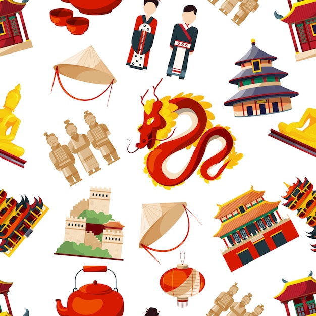 Padrões sem emenda com elementos da cultura tradicional da china. vector ásia tradicional chinesa, dragão e construção de ilustração